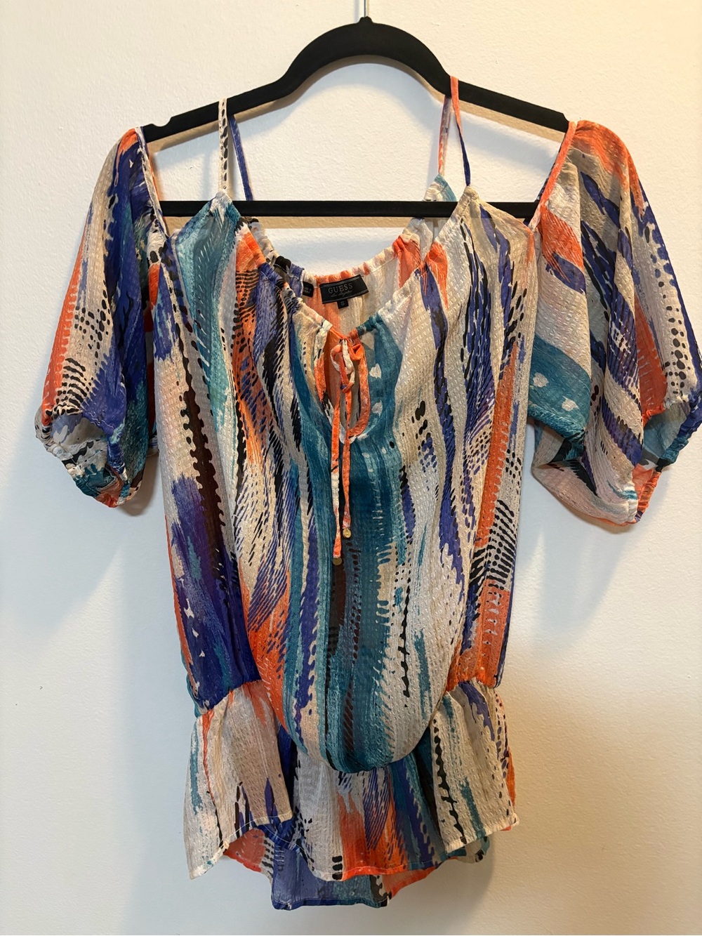 Guess Multicolor Off-Shoulder Boho Blouse - Orange/Blue/Teal